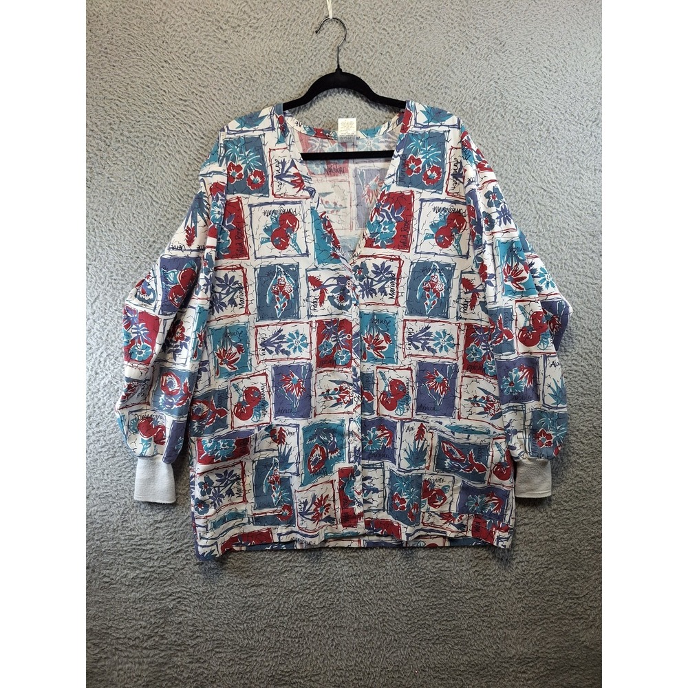 Vintage Barco Scrub Top Womens XL Multicolor Floral Medical Uniform Snap Front